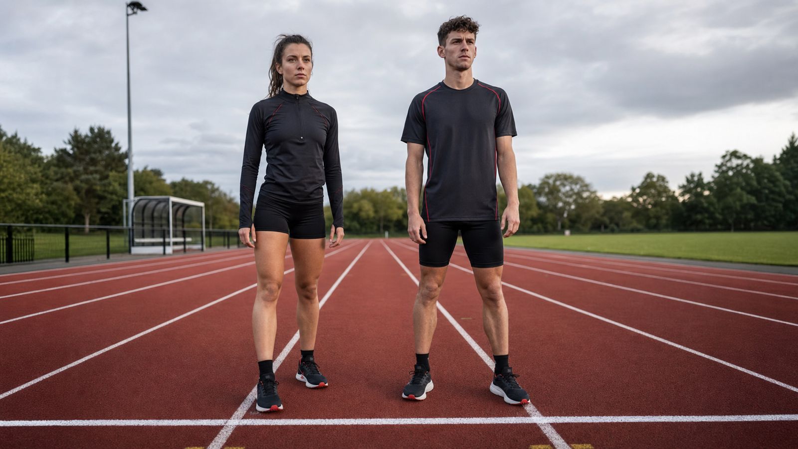 Ambitious female and male endurance athletes standing on a track