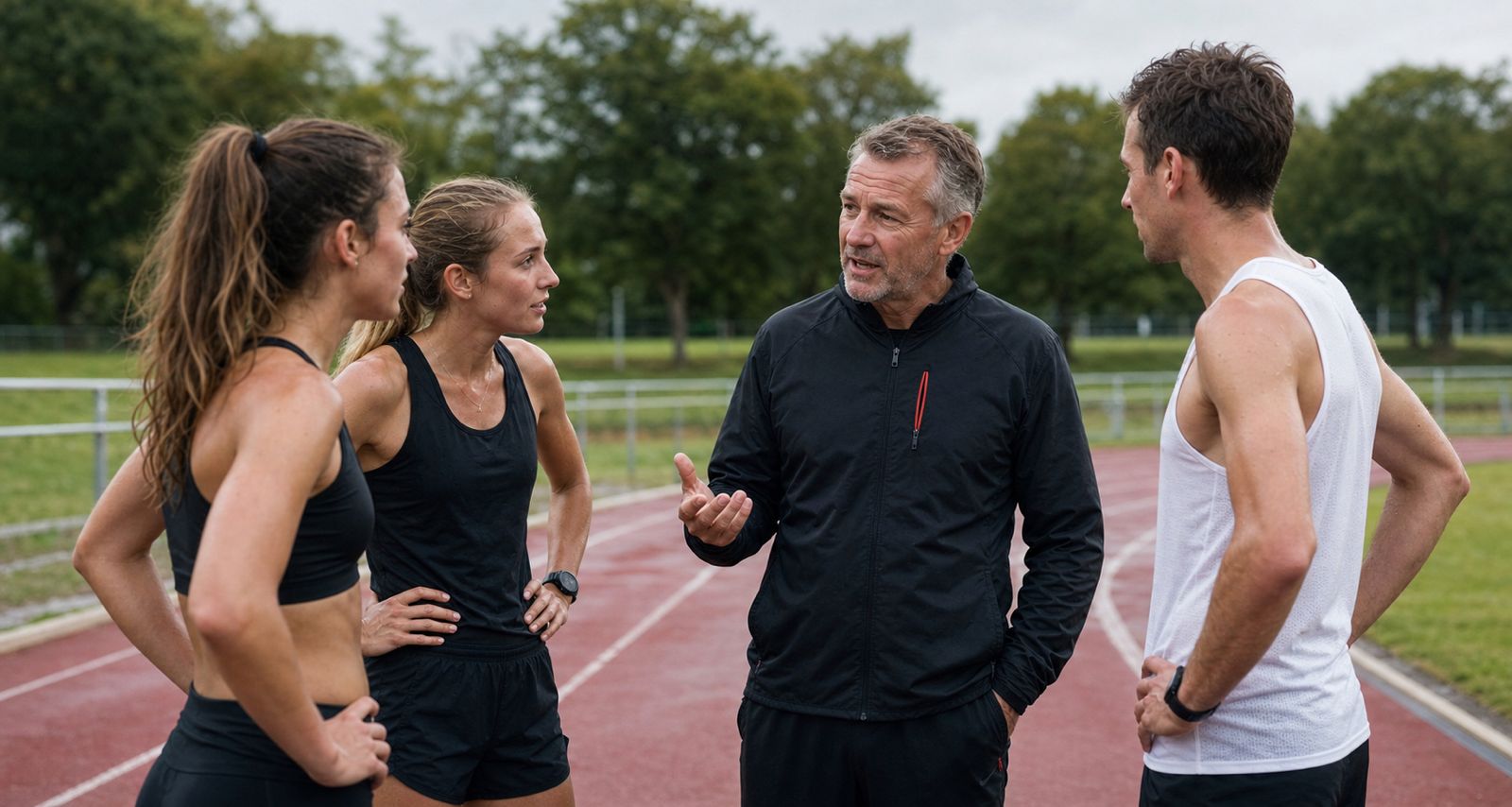 Experienced coach speaking with a group of endurance athletes